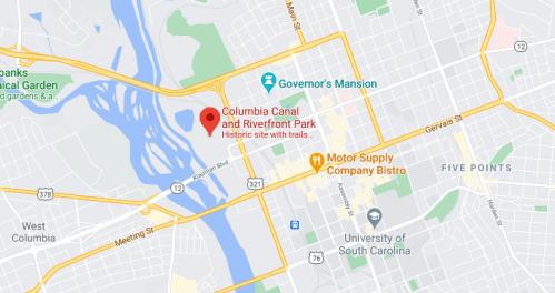 Map showing Columbia Canal and Riverfront Park, with nearby landmarks and streets in Columbia, South Carolina.