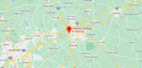 Map showing the location of Holmes Hotdogs & Catering, near Greenville, South Carolina.