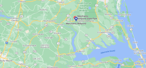 Map showing the location of Merchants Millpond State Park in North Carolina, near the Great Dismal Swamp.