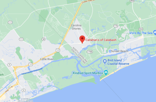 Map showing the location of Callahan's of Calabash in North Carolina, near Sunset Beach and Little River.