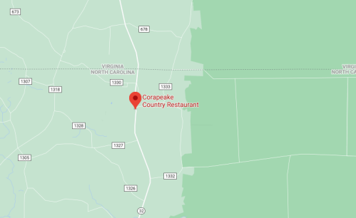 Map showing the location of Corapeake Country Restaurant in Virginia, near the border with North Carolina.