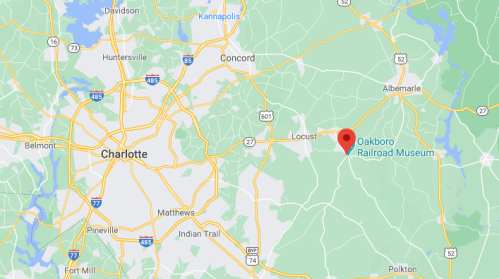 Map showing the location of the Oakboro Railroad Museum near Locust, northeast of Charlotte, North Carolina.