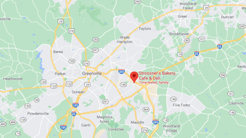 Map showing the location of Strossner's Bakery, Cafe & Deli in Greenville, SC, marked with a red pin.