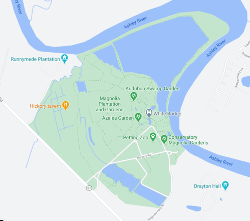 Map of Magnolia Plantation and Gardens, featuring gardens, a petting zoo, and nearby waterways.