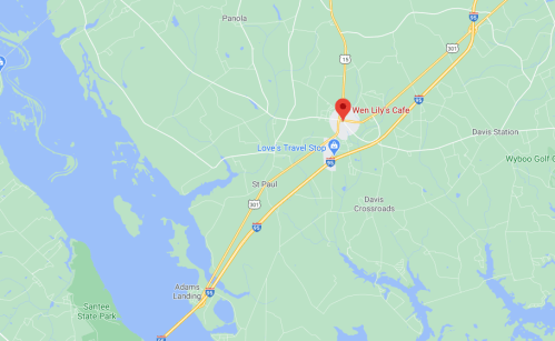 Map showing the location of Wen Lily's Cafe near Love's Travel Stop, along highways and near Davis Station.