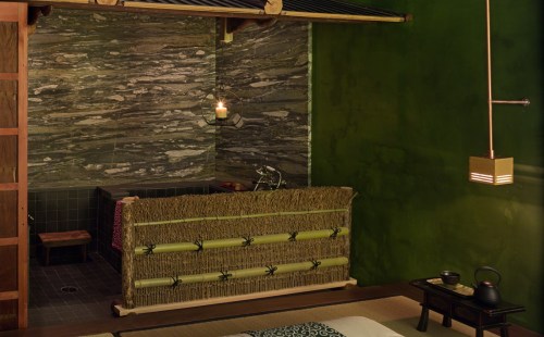 A serene interior featuring a green wall, stone accents, and a cozy bathing area with natural materials and soft lighting.