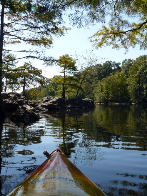 A kayak glides through calm waters, surrounded by trees and rocky outcrops under a clear blue sky.