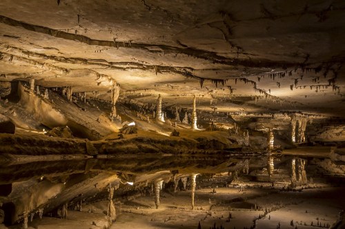 A vast underground cave with stalactites and stalagmites, reflecting in a still water surface. Soft lighting enhances the scene.