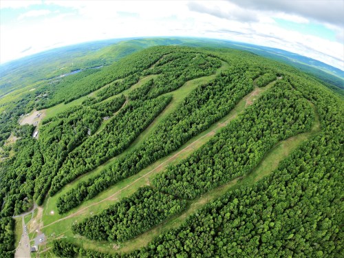 Aerial view of lush green hills with winding trails, surrounded by dense forest under a partly cloudy sky.