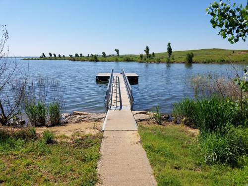 A serene lake view with a wooden dock extending into the water, surrounded by green grass and trees under a clear blue sky.