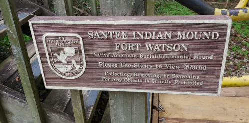 Sign for Santee Indian Mound, indicating it's a Native American burial site and prohibiting object collection.