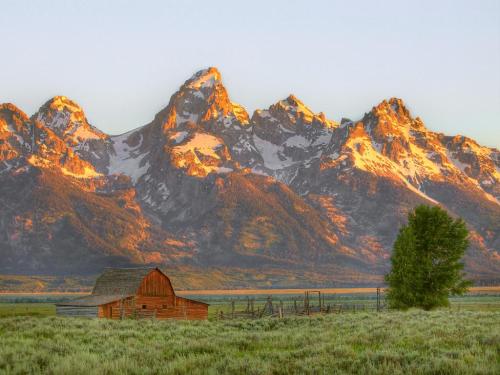 A rustic barn in a grassy field with towering snow-capped mountains bathed in golden sunlight in the background.
