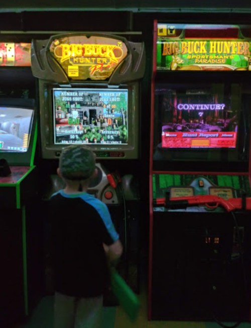 A child stands in front of two arcade games, "Big Buck Hunter" and another game, in a dimly lit arcade.