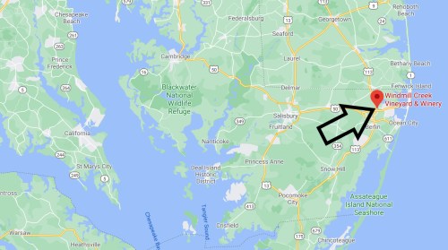 Map highlighting Windmill Creek Vineyard & Winery in Maryland, with surrounding areas and landmarks indicated.