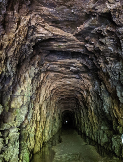 A dimly lit tunnel with rugged stone walls and a reflective water surface at the bottom.