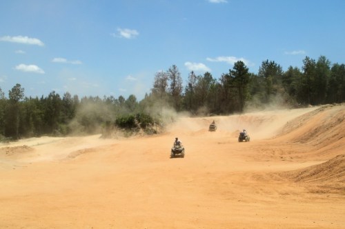 Three ATVs kick up dust while riding on a sandy trail surrounded by trees under a clear blue sky.