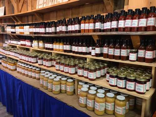 A wooden shelf displaying various jars and bottles of sauces and preserves, labeled and organized neatly.