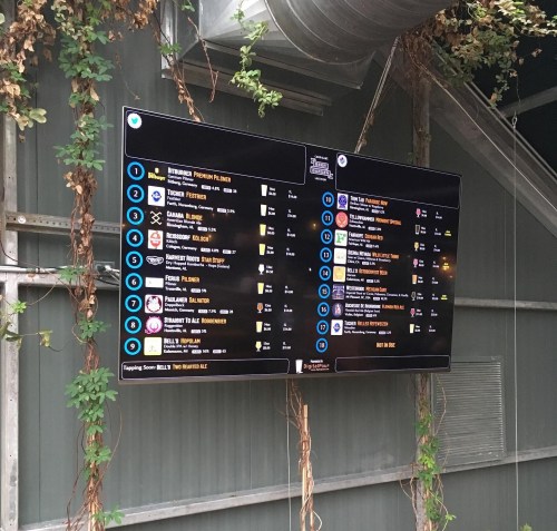 Digital scoreboard displaying player rankings and scores for various games, surrounded by greenery.