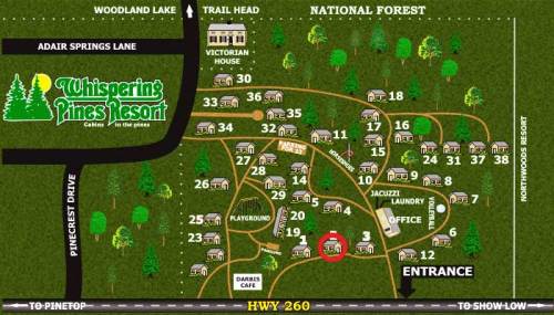 Map of Whispering Pines Resort showing cabins, amenities, and the entrance, with marked locations for various facilities.