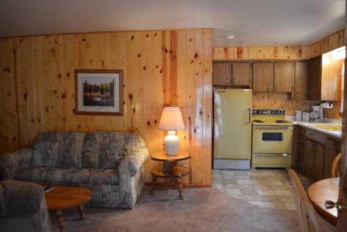 Cozy living area with a patterned couch, lamp, and kitchen featuring yellow appliances and wooden walls.