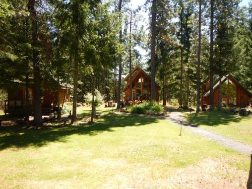 A serene forest scene featuring two wooden cabins surrounded by tall trees and a grassy area.