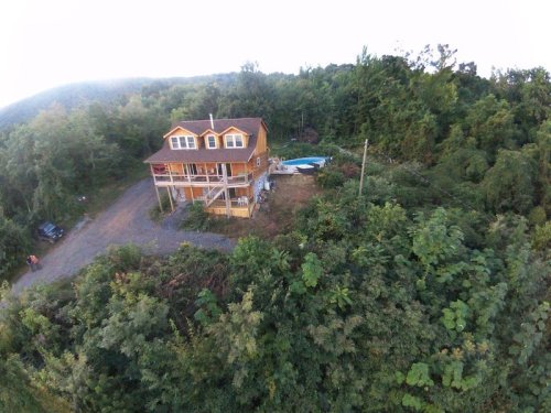 Aerial view of a yellow house surrounded by trees, with a pool and gravel driveway in a wooded area.