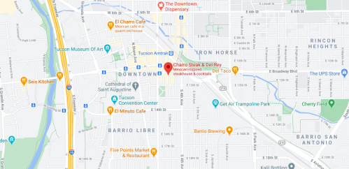 Map showing downtown Tucson, Arizona, highlighting Charro Steak & Del Rey restaurant and nearby landmarks.
