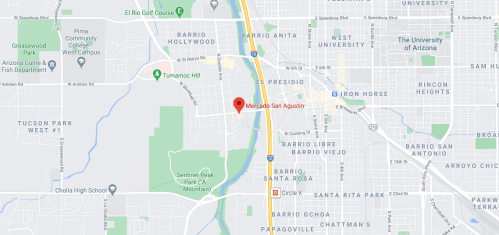 Map showing the location of Mercado San Agustin in Tucson, Arizona, near major roads and landmarks.