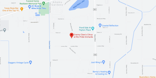 Map showing Granny Clare's Citrus at Rio Pride Orchards, nearby roads, and local landmarks in a rural area.