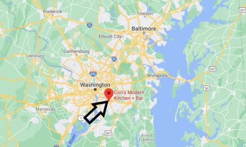 Map showing Washington, D.C. with a marker for Cori's Modern Kitchen + Bar, highlighted with an arrow.