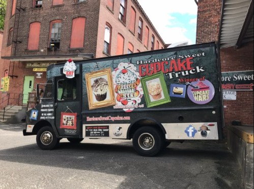 A colorful cupcake truck parked near a brick building, featuring various cupcake images and the text "Hardcore Sweet Cupcake Truck."