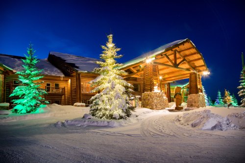 A cozy log cabin surrounded by snow-covered trees, illuminated by warm lights under a clear night sky.