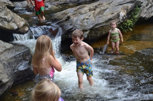 Children playing in a shallow stream, splashing water and enjoying a sunny day among rocks and greenery.