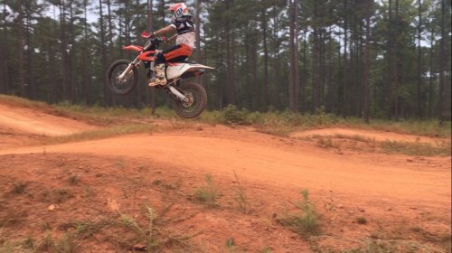 A motocross rider jumps over a dirt mound in a forested area, surrounded by tall trees.