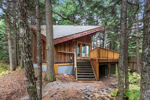 A modern wooden cabin nestled among tall trees, featuring a sloped roof and a welcoming front porch.
