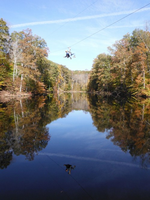 Two people ziplining over a calm lake surrounded by colorful autumn trees, reflecting in the water below.