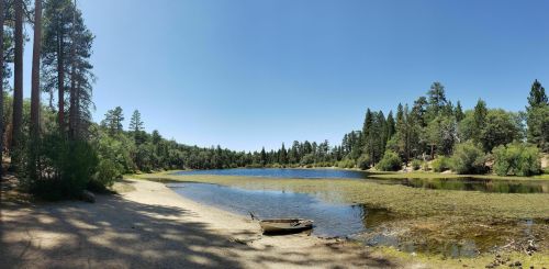 A serene lake surrounded by trees, with a small boat on the shore and clear blue skies above.