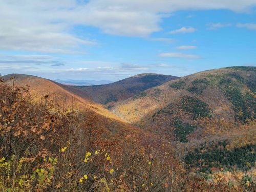 A scenic view of rolling mountains covered in autumn foliage under a partly cloudy sky.