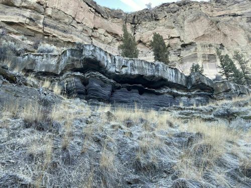 Layered rock formations with sparse vegetation and a cliff backdrop, showcasing natural geological patterns.