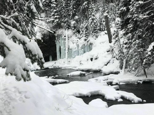 A serene winter scene featuring a frozen waterfall surrounded by snow-covered trees and a partially frozen river.