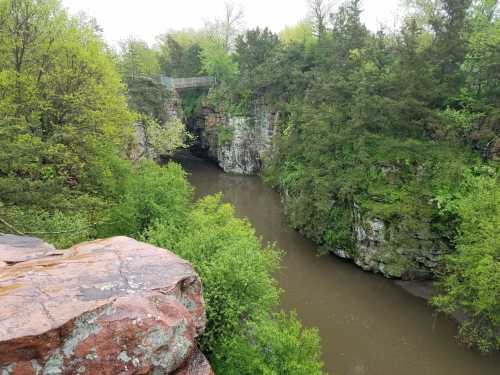 A serene view of a river winding through lush greenery and rocky cliffs under a cloudy sky.