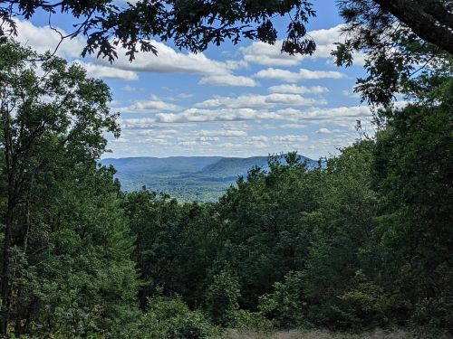 A scenic view of rolling hills and valleys, framed by lush green trees under a partly cloudy sky.