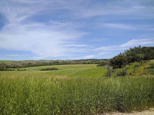 A scenic landscape featuring green fields, rolling hills, and a blue sky with wispy clouds.