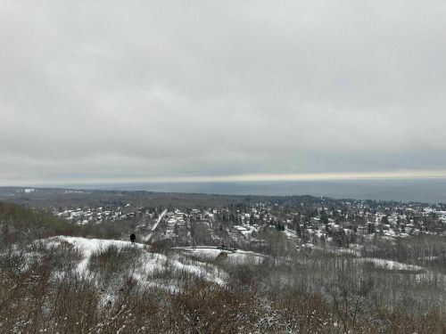 A snowy landscape with a person walking on a hill, overlooking a town and a distant body of water under a cloudy sky.