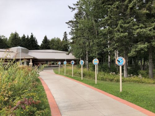 Pathway leading to a building surrounded by trees, with signs featuring birds along the walkway.