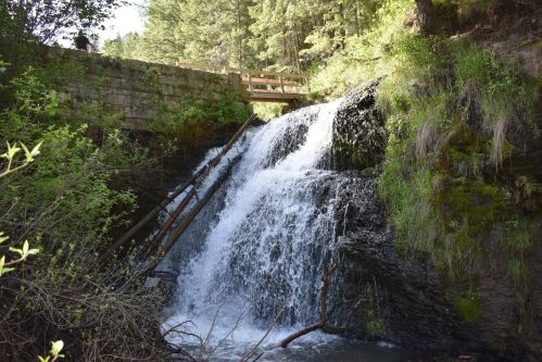 A serene waterfall cascades over rocks, surrounded by lush greenery and a wooden bridge in the background.