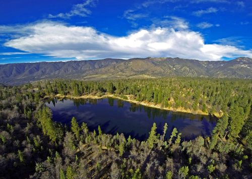 Aerial view of a serene lake surrounded by lush forests and mountains under a blue sky with scattered clouds.