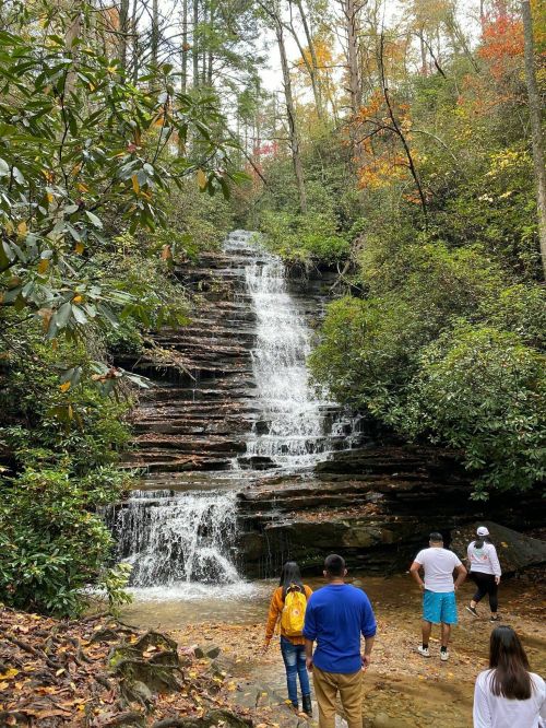 A group of people stands near a waterfall surrounded by lush greenery and autumn foliage.