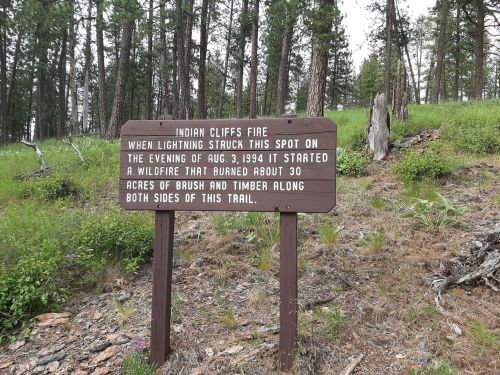 Sign marking the Indian Cliffs Fire site, detailing the wildfire that occurred on August 3, 1994.