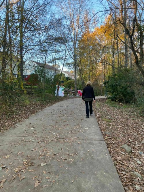 A person walks along a paved path surrounded by trees and autumn foliage.